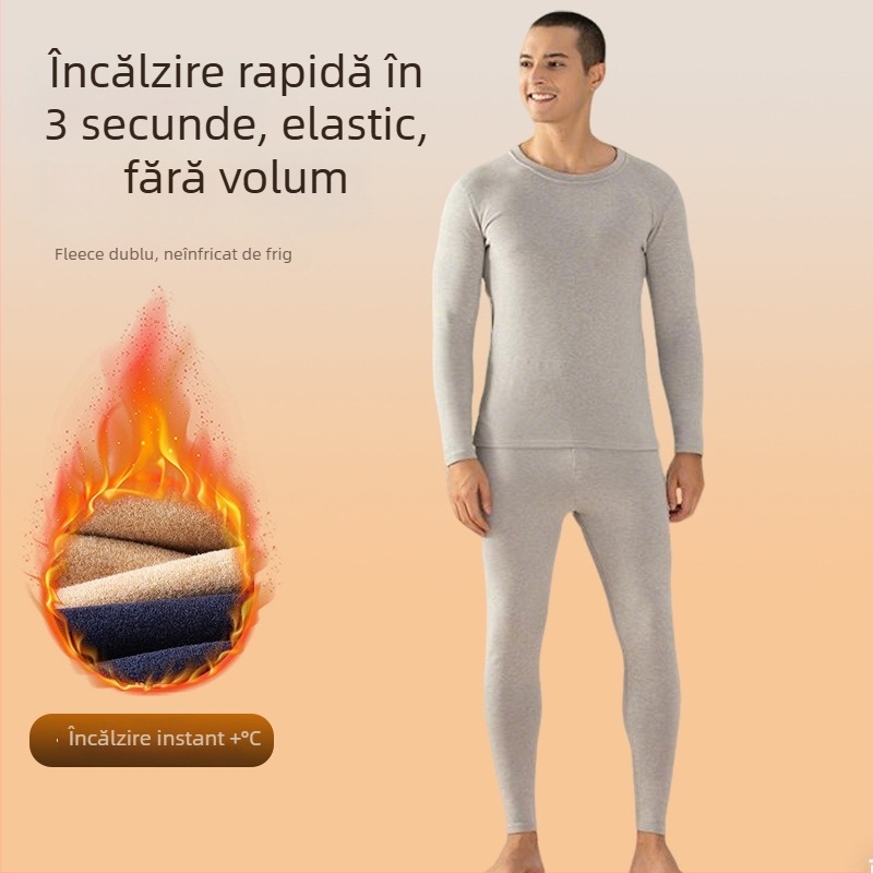 Set de lenjerie termică din lână-silk pentru bărbați – căptușit cu catifea, 251–300 g/m², top și pantaloni, guler rotund, mâneci lungi