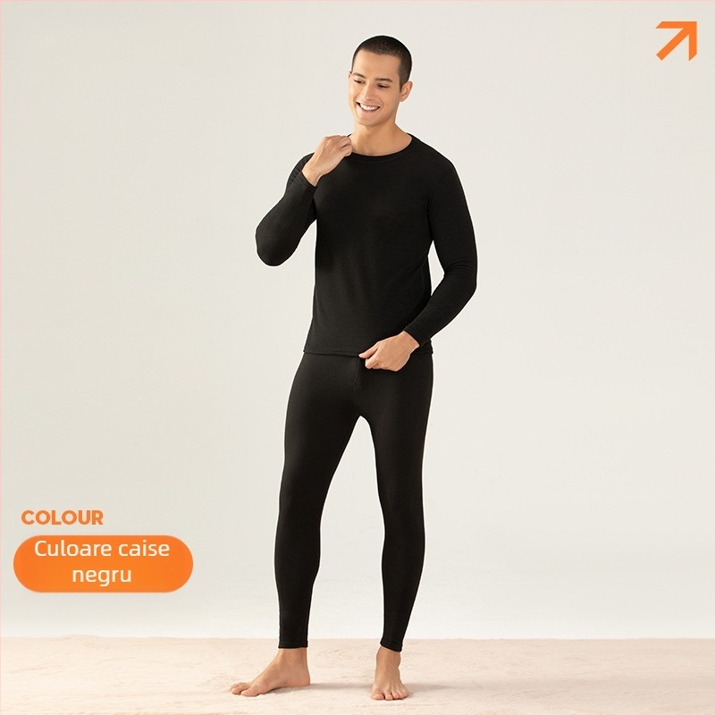 Set de lenjerie termică din lână-silk pentru bărbați – căptușit cu catifea, 251–300 g/m², top și pantaloni, guler rotund, mâneci lungi