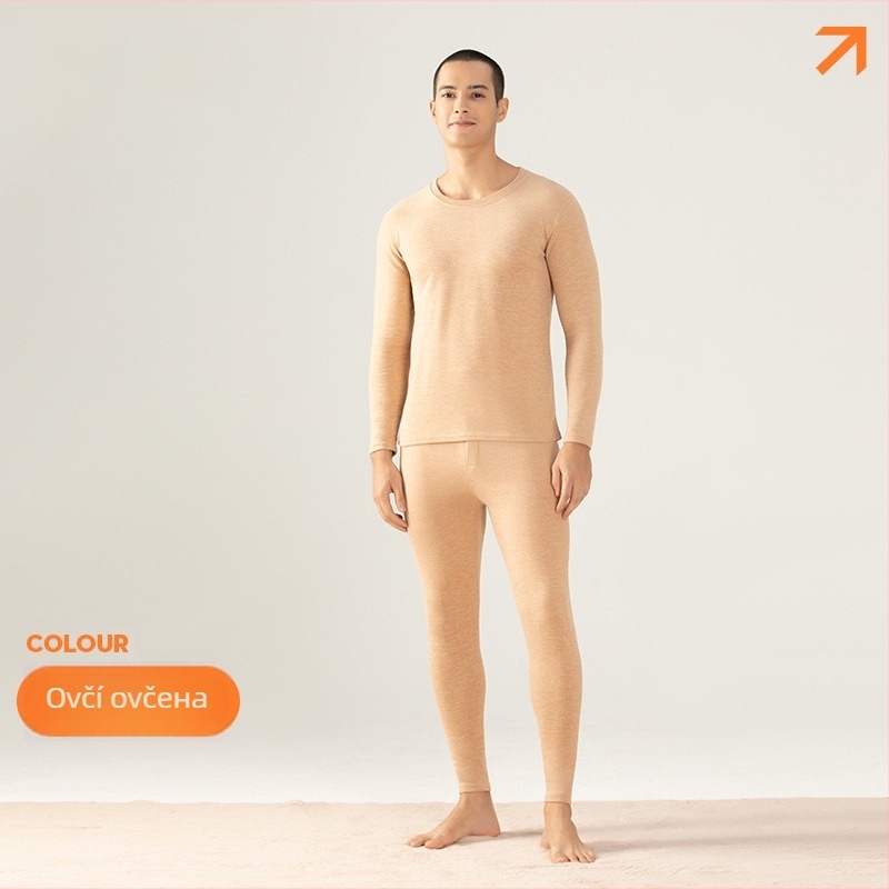 Set de lenjerie termică din lână-silk pentru bărbați – căptușit cu catifea, 251–300 g/m², top și pantaloni, guler rotund, mâneci lungi