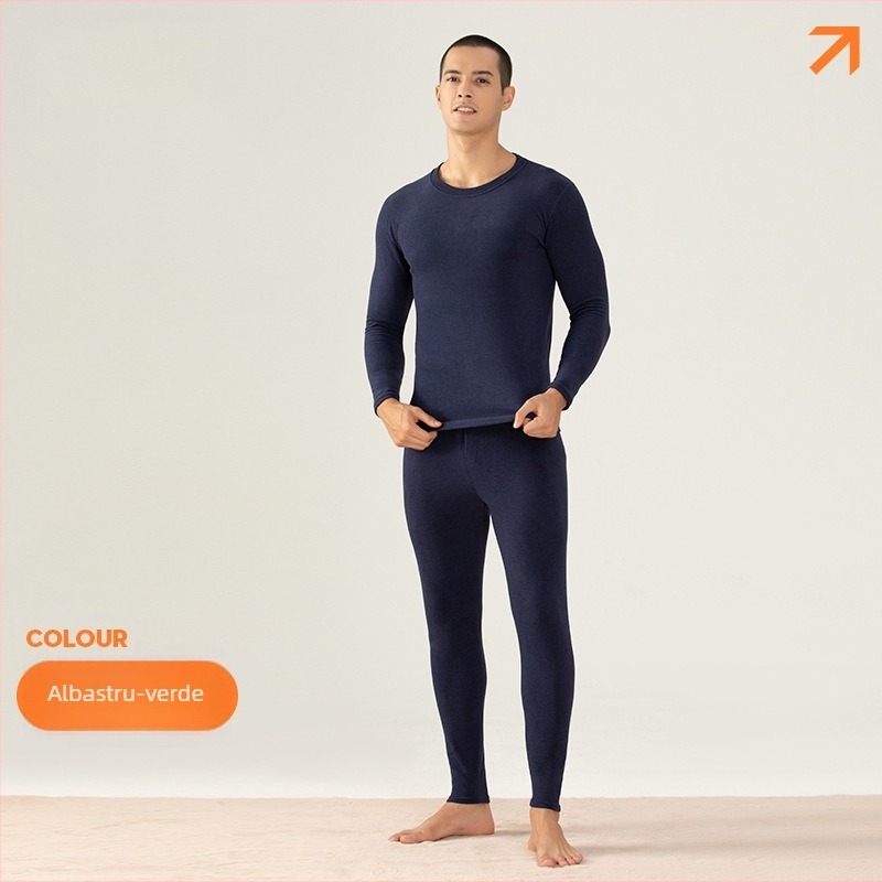 Set de lenjerie termică din lână-silk pentru bărbați – căptușit cu catifea, 251–300 g/m², top și pantaloni, guler rotund, mâneci lungi