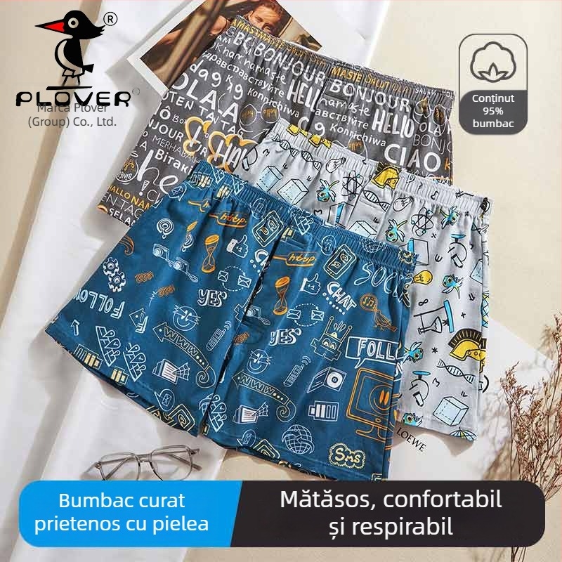 Boxerii bărbați din bumbac, talie medie, țesătură tricot, 95-100% bumbac, model floral sau graffiti