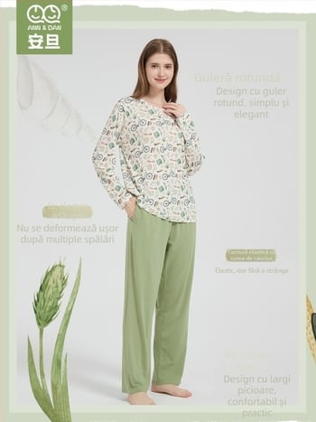 Andan set pijamale dama din bambus-bumbac cu elasticitate — confort pentru piele, haine de casă, imprimeu animațional, pentru toate anotimpurile