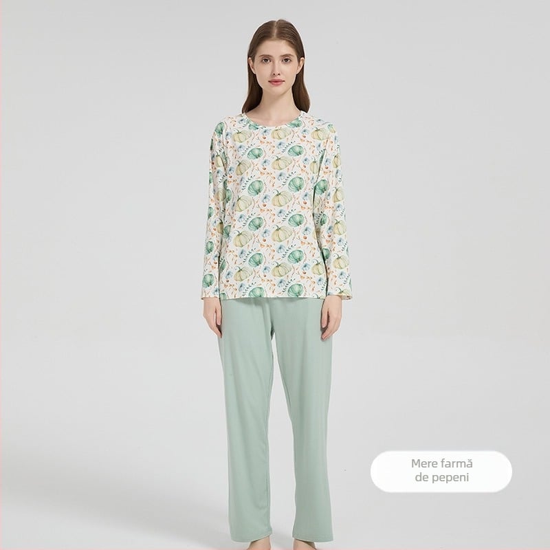 Andan set pijamale dama din bambus-bumbac cu elasticitate — confort pentru piele, haine de casă, imprimeu animațional, pentru toate anotimpurile
