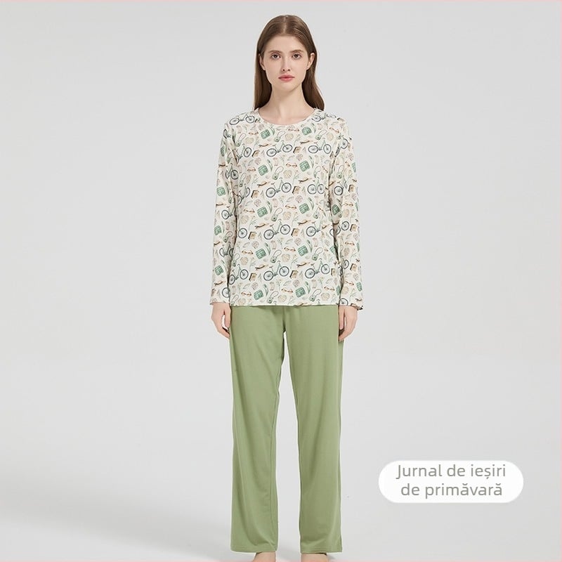 Andan set pijamale dama din bambus-bumbac cu elasticitate — confort pentru piele, haine de casă, imprimeu animațional, pentru toate anotimpurile