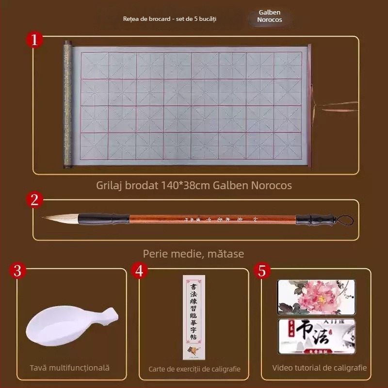 Tan yixuan Pânză pentru scriere cu apă, pentru practică de caligrafie și exerciții cu pensula, cu grilă de tip Rice Grid, design brocard, lavabilă