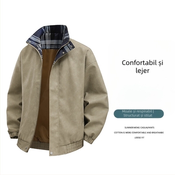 Geacă din piele PU pentru bărbați, croială lejeră, decolteu în V, închidere dublă cu nasturi, buzunare laterale