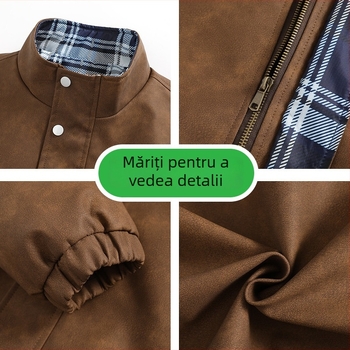 Geacă din piele PU pentru bărbați, croială lejeră, decolteu în V, închidere dublă cu nasturi, buzunare laterale