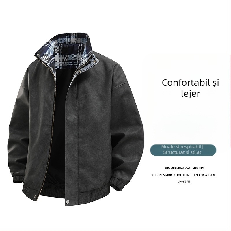 Geacă din piele PU pentru bărbați, croială lejeră, decolteu în V, închidere dublă cu nasturi, buzunare laterale