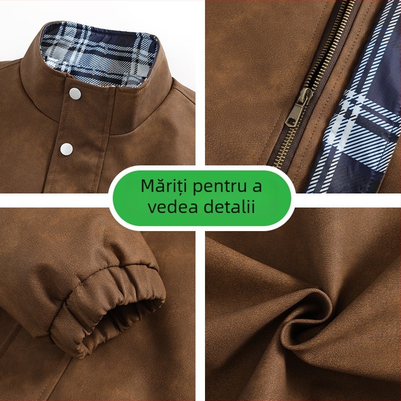 Geacă din piele PU pentru bărbați, croială lejeră, decolteu în V, închidere dublă cu nasturi, buzunare laterale