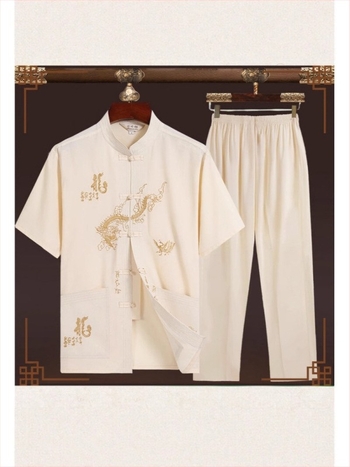 Costum Tang bărbătești de vară, mâneci scurte, guler înalt, broderie în stil chinezesc, 100% poliester