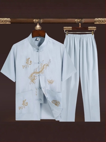 Costum Tang bărbătești de vară, mâneci scurte, guler înalt, broderie în stil chinezesc, 100% poliester