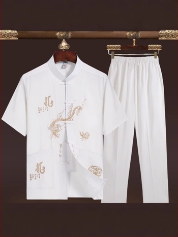 Costum Tang bărbătești de vară, mâneci scurte, guler înalt, broderie în stil chinezesc, 100% poliester