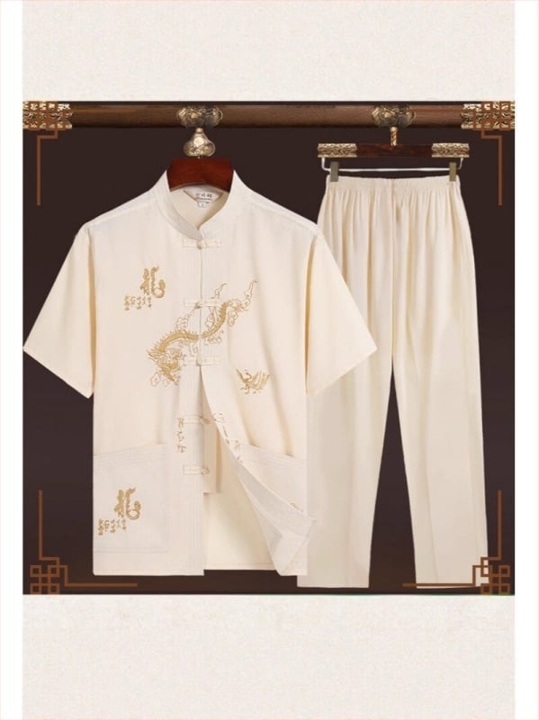 Costum Tang bărbătești de vară, mâneci scurte, guler înalt, broderie în stil chinezesc, 100% poliester