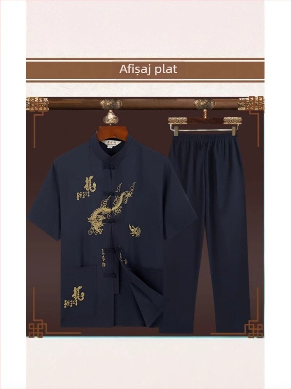 Costum Tang bărbătești de vară, mâneci scurte, guler înalt, broderie în stil chinezesc, 100% poliester