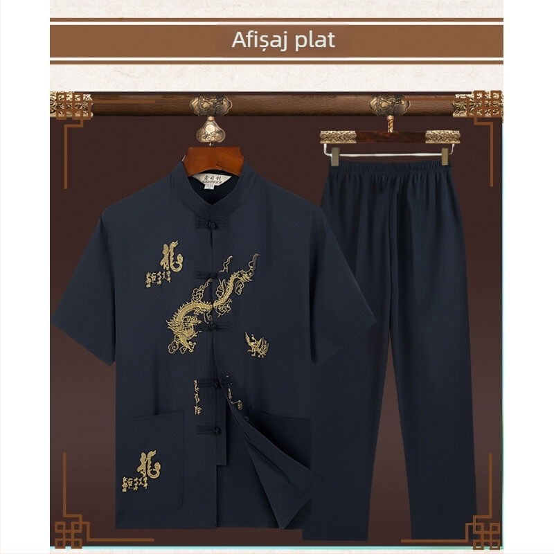 Costum Tang bărbătești de vară, mâneci scurte, guler înalt, broderie în stil chinezesc, 100% poliester