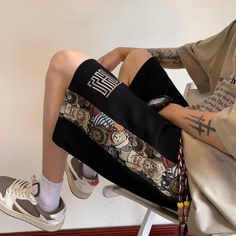 Șorturi bărbați cu broderie în stil chinezesc – capri, croială lejeră, poliester 90%, elasticitate micro-rebound, vară sport