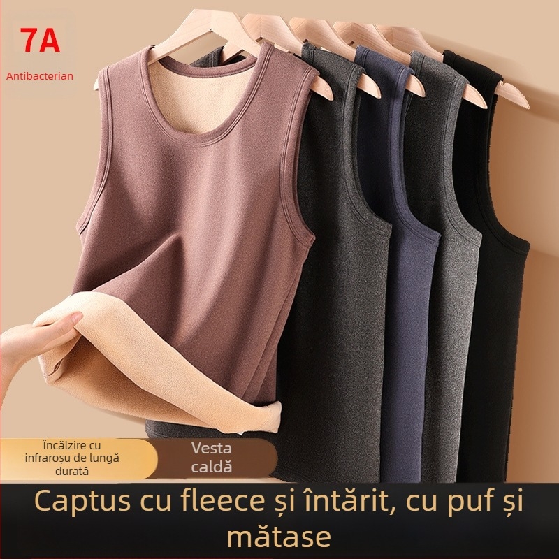 Vesta termică pentru bărbați cu căptușeală de fleece, material down-silk, grosime 251–300 g/m², guler rotund