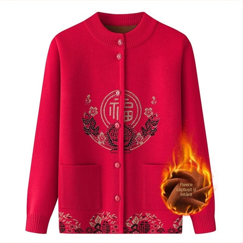 Cardigan din poliester cu căptușeală din fleece, iarnă 2024, mâneci lungi, lungime standardă (50–65 cm)