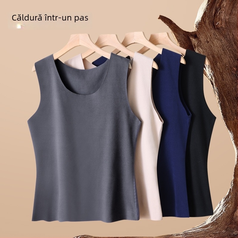 Vesta termică pentru bărbați, groasă, căptușită cu fleece, cu patch, guler în formă de U, pulover fără fermoar, 70-80% poliester, 201-250 g/m²