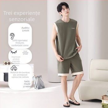 Set pijamale din bumbac - maieu fără mâneci și pantaloni scurți, guler rotund, țesătură subțire 141-160 g/m2, pentru tineri