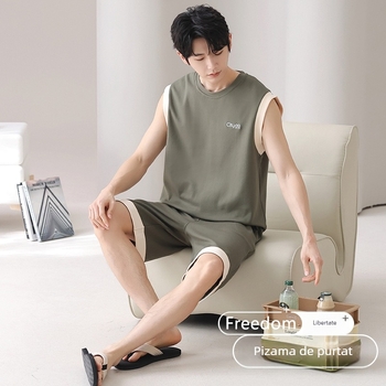 Set pijamale din bumbac - maieu fără mâneci și pantaloni scurți, guler rotund, țesătură subțire 141-160 g/m2, pentru tineri