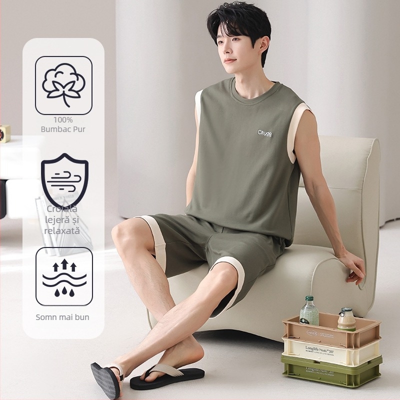 Set pijamale din bumbac - maieu fără mâneci și pantaloni scurți, guler rotund, țesătură subțire 141-160 g/m2, pentru tineri