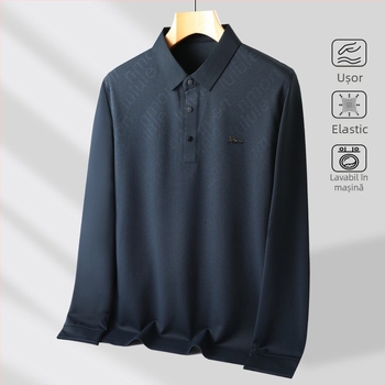 Tricou polo pentru bărbați, cu guler rever, mâneci lungi, țesătură subțire, amestec poliester-elastan