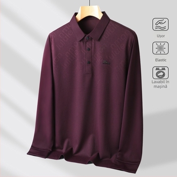 Tricou polo pentru bărbați, cu guler rever, mâneci lungi, țesătură subțire, amestec poliester-elastan