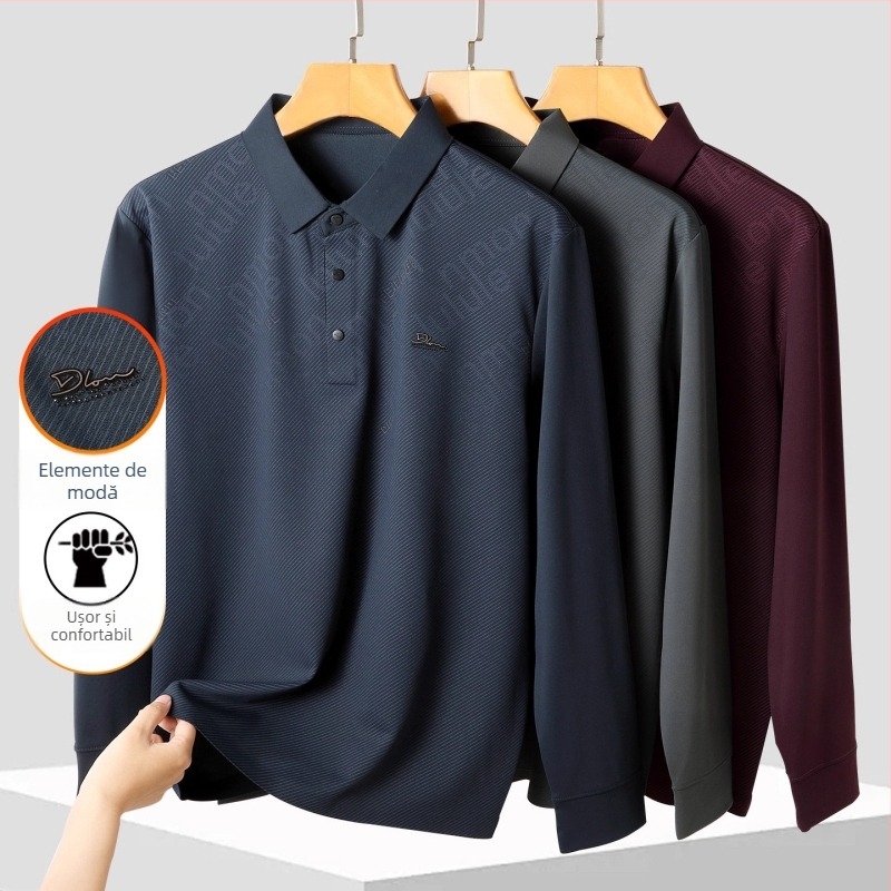 Tricou polo pentru bărbați, cu guler rever, mâneci lungi, țesătură subțire, amestec poliester-elastan