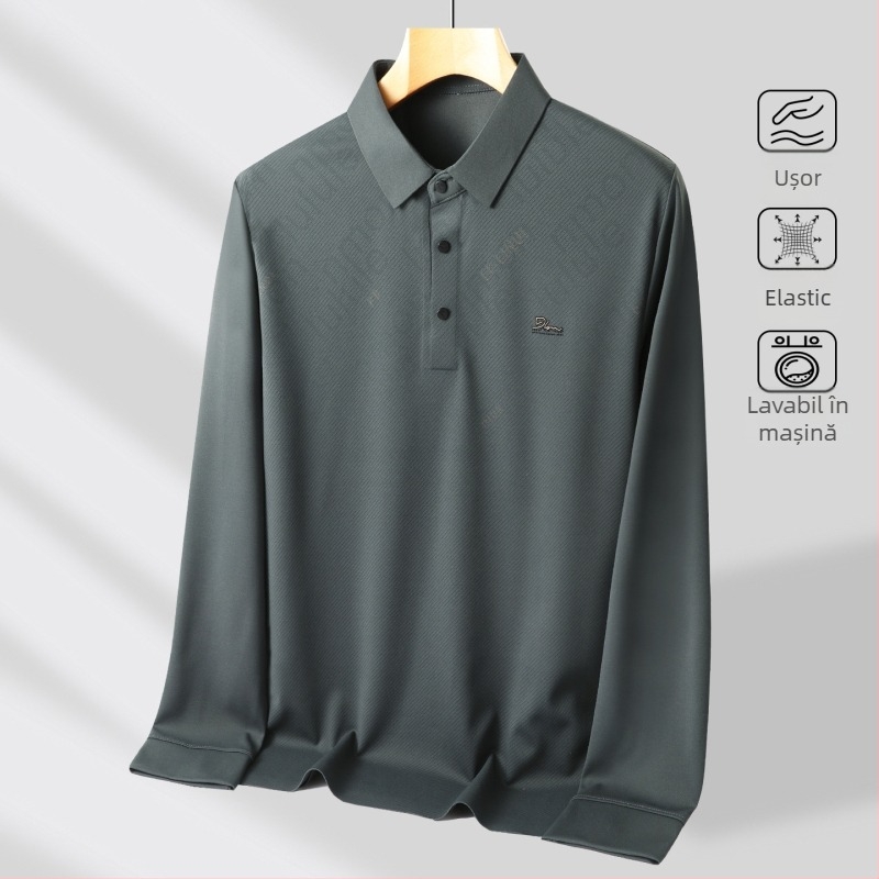 Tricou polo pentru bărbați, cu guler rever, mâneci lungi, țesătură subțire, amestec poliester-elastan