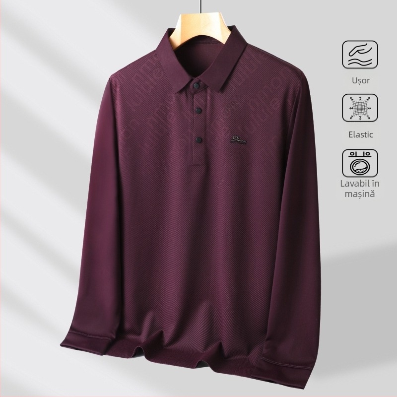 Tricou polo pentru bărbați, cu guler rever, mâneci lungi, țesătură subțire, amestec poliester-elastan