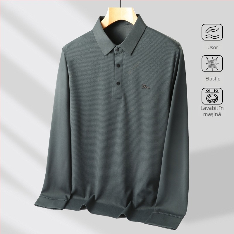 Tricou polo pentru bărbați, cu guler rever, mâneci lungi, țesătură subțire, amestec poliester-elastan