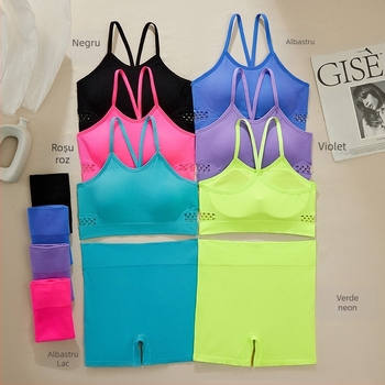 Set sutien din nailon, cupe triunghiulare cu model subțire, bretele fixe duble, căptușeală din elastan 90–95%, respirabil și confortabil