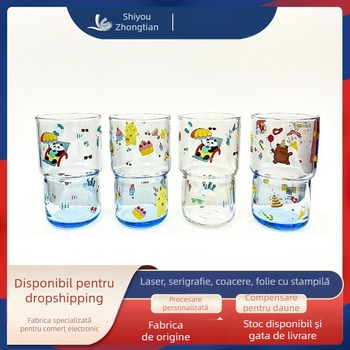 Pahar din sticlă temperată pentru apă, cu model desen animat, rotund fără mâner, rezistent la căldură, potrivit pentru ceai și cafea, personalizare disponibilă