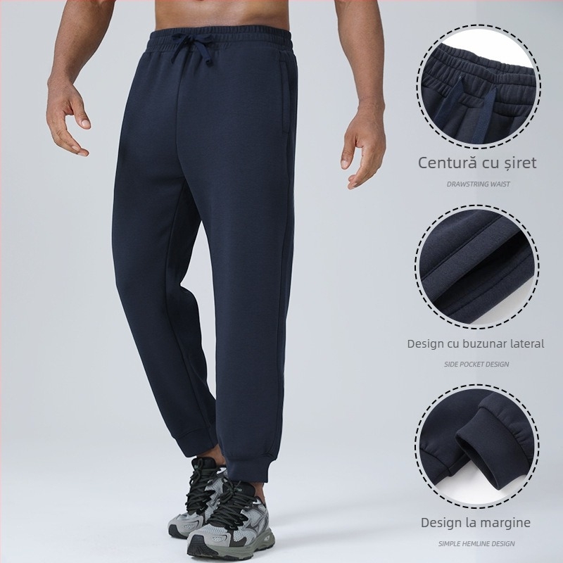 Pantaloni sport unisex cu croi lejer, talie medie, țesătură tricotată din bumbac-poliester-spandex, respirabil, pentru toamnă și iarnă