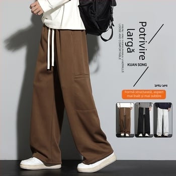 Pantaloni trening bărbați, croială lejeră, talie înaltă, drepti, 65% bumbac 35% poliester, microelasticitate