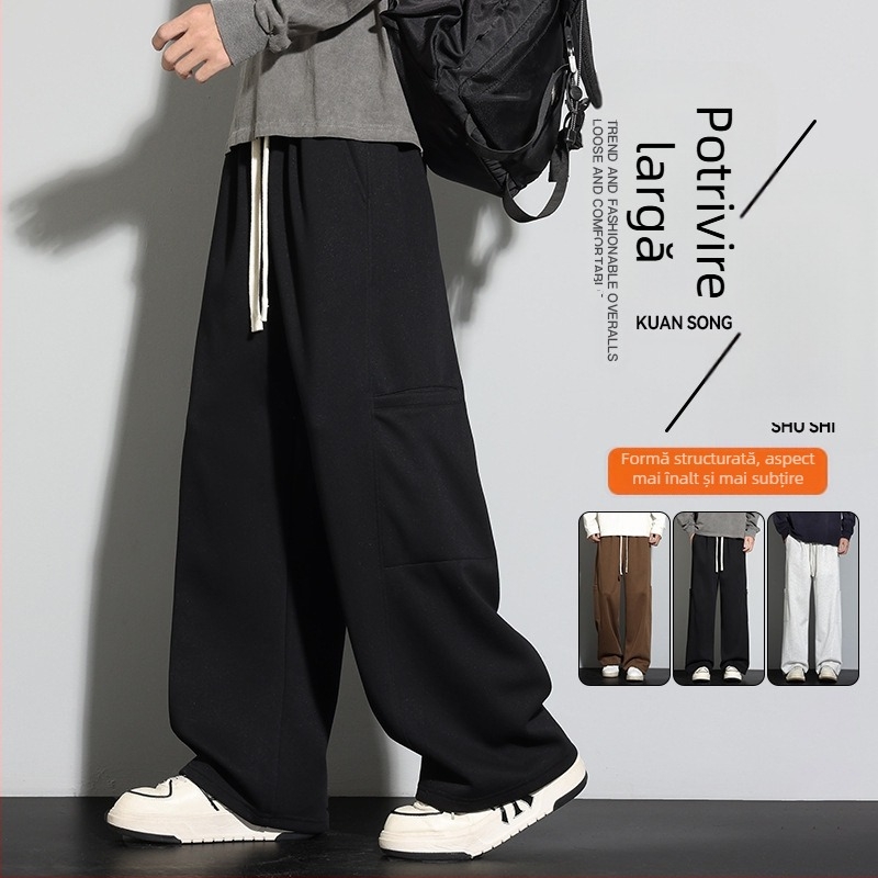 Pantaloni trening bărbați, croială lejeră, talie înaltă, drepti, 65% bumbac 35% poliester, microelasticitate
