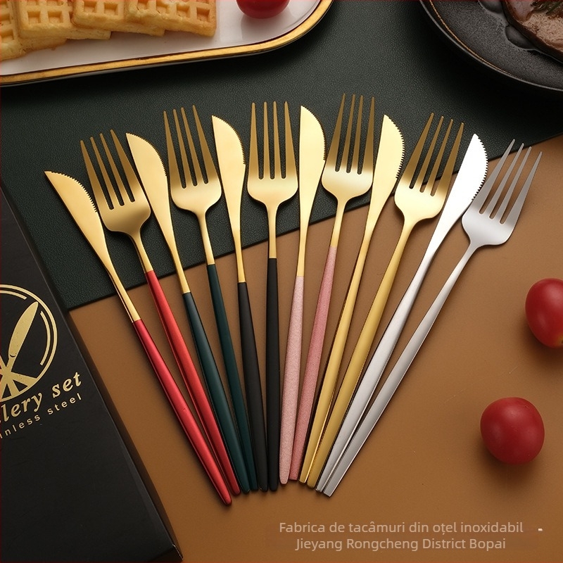 Set tacâmuri din oțel inoxidabil – cuțit, furculiță, lingură și bețișoare, oțel inox 410, lustruire oglindă, ambalaj cadou, personalizabil