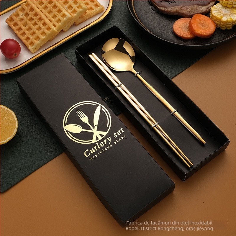Set tacâmuri din oțel inoxidabil – cuțit, furculiță, lingură și bețișoare, oțel inox 410, lustruire oglindă, ambalaj cadou, personalizabil
