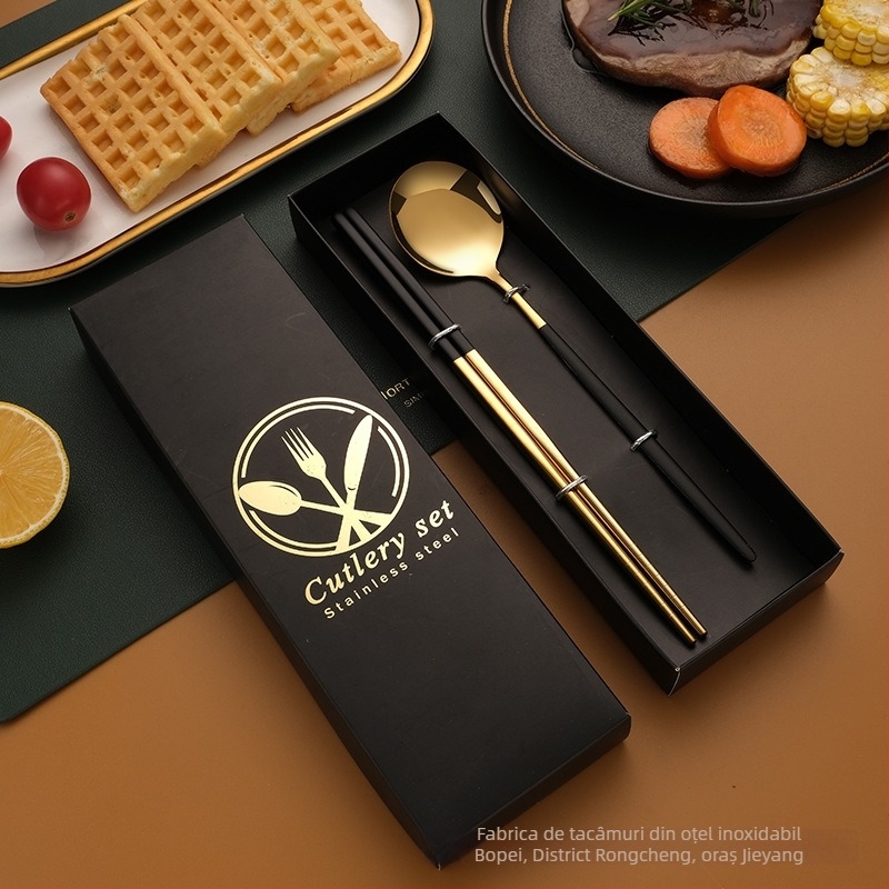 Set tacâmuri din oțel inoxidabil – cuțit, furculiță, lingură și bețișoare, oțel inox 410, lustruire oglindă, ambalaj cadou, personalizabil