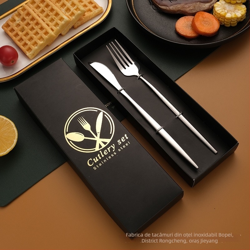 Set tacâmuri din oțel inoxidabil – cuțit, furculiță, lingură și bețișoare, oțel inox 410, lustruire oglindă, ambalaj cadou, personalizabil