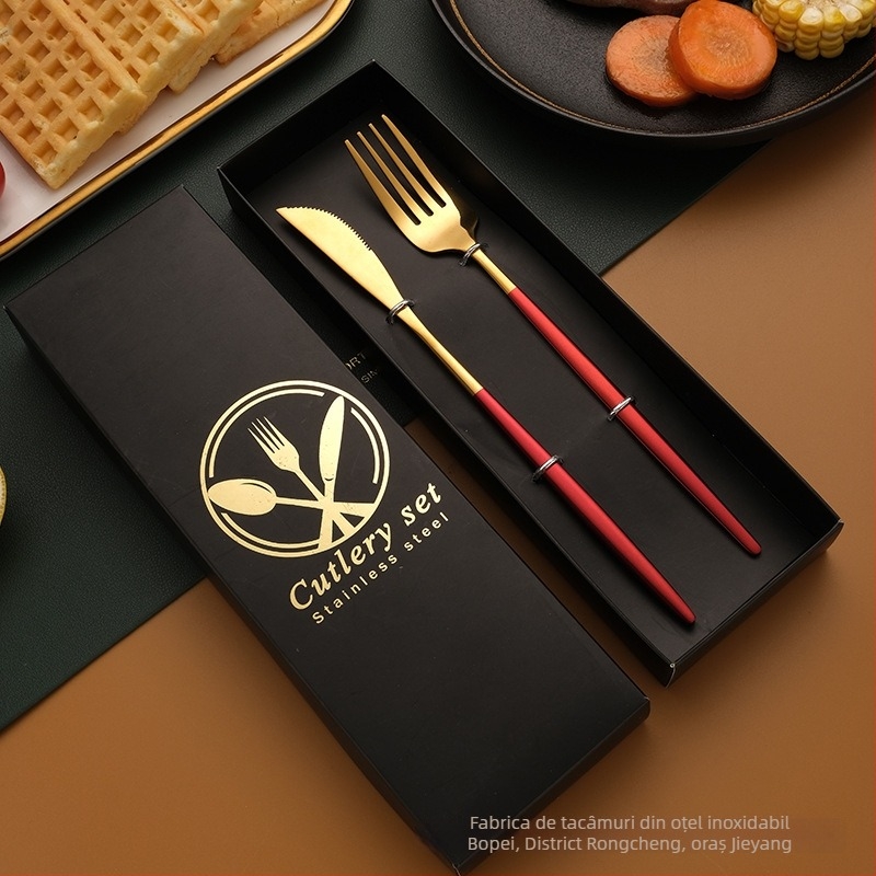 Set tacâmuri din oțel inoxidabil – cuțit, furculiță, lingură și bețișoare, oțel inox 410, lustruire oglindă, ambalaj cadou, personalizabil