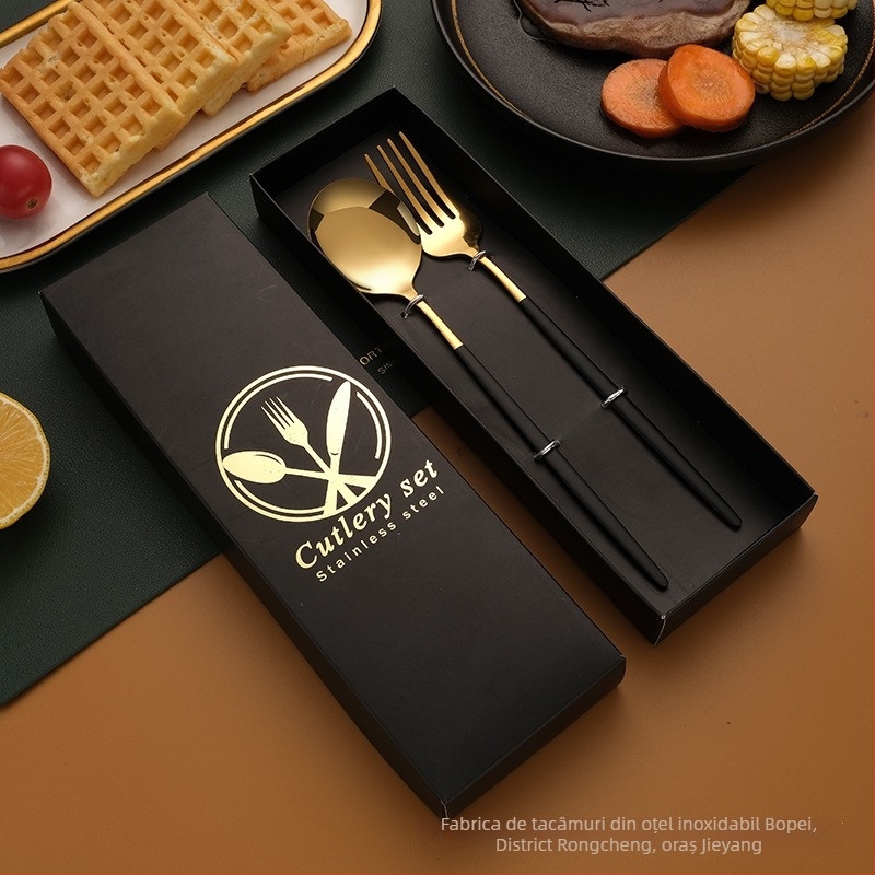 Set tacâmuri din oțel inoxidabil – cuțit, furculiță, lingură și bețișoare, oțel inox 410, lustruire oglindă, ambalaj cadou, personalizabil