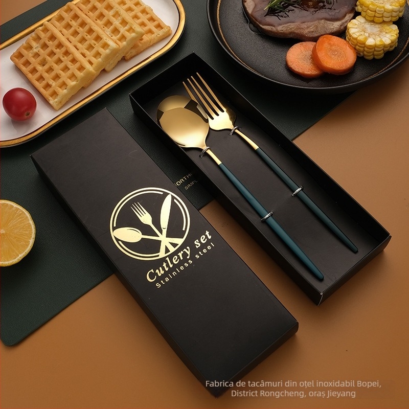 Set tacâmuri din oțel inoxidabil – cuțit, furculiță, lingură și bețișoare, oțel inox 410, lustruire oglindă, ambalaj cadou, personalizabil