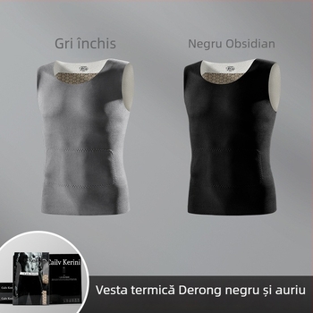 Vesta termică pentru bărbați, fără mâneci, fără cusături, croială slim, căptușită cu fleece, țesătură Derong, strat de bază pentru iarnă