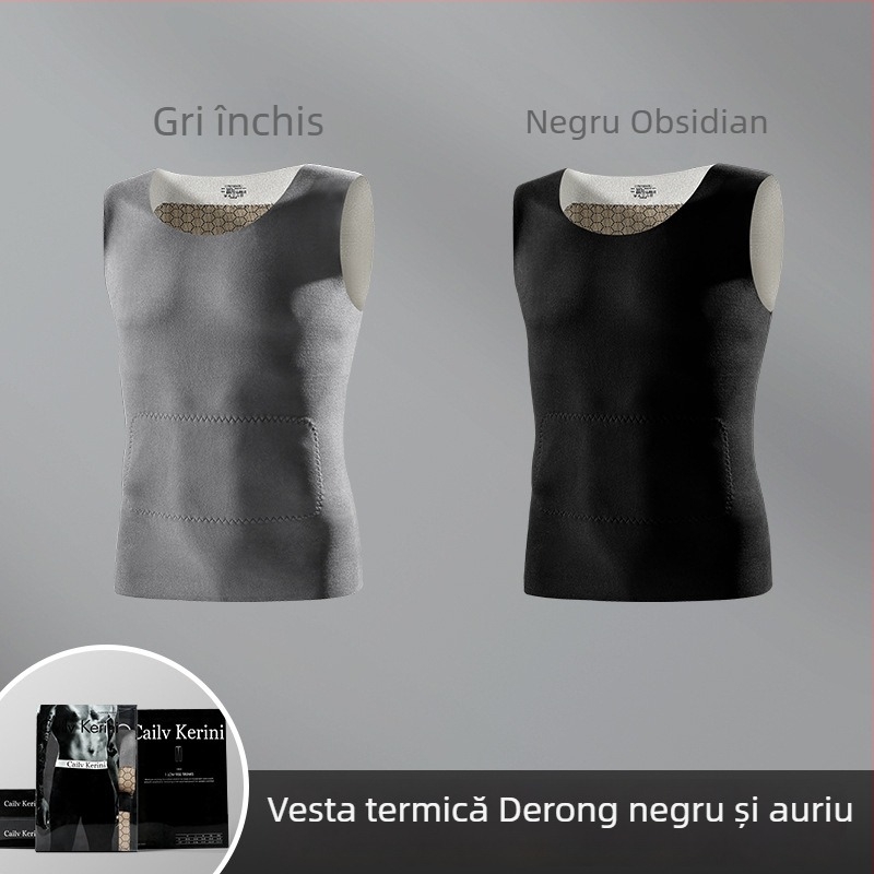 Vesta termică pentru bărbați, fără mâneci, fără cusături, croială slim, căptușită cu fleece, țesătură Derong, strat de bază pentru iarnă