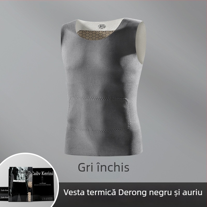 Vesta termică pentru bărbați, fără mâneci, fără cusături, croială slim, căptușită cu fleece, țesătură Derong, strat de bază pentru iarnă
