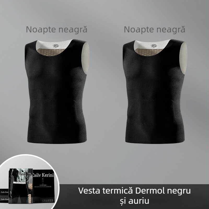 Vesta termică pentru bărbați, fără mâneci, fără cusături, croială slim, căptușită cu fleece, țesătură Derong, strat de bază pentru iarnă