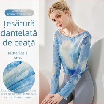 Top de yoga pentru femei, respirabil, plasă 40D, 95% poliester 5% elastan, mâneci lungi, croială crop, mulat