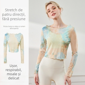 Top de yoga pentru femei, respirabil, plasă 40D, 95% poliester 5% elastan, mâneci lungi, croială crop, mulat